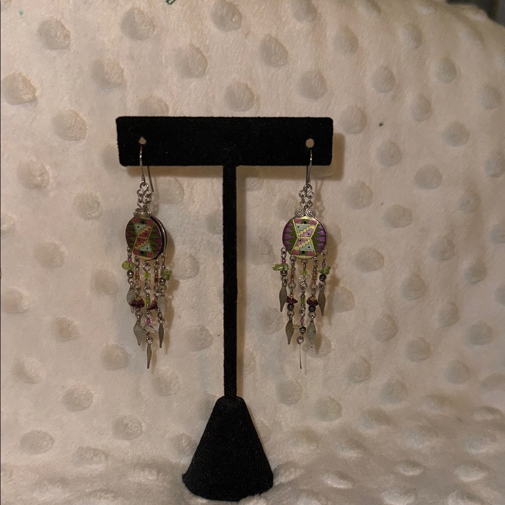 Purple & Green Dangle Beaded Earrings